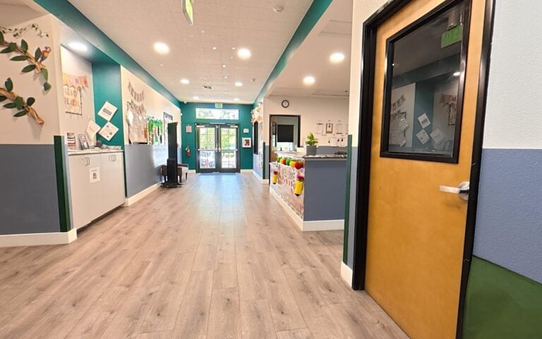 Bright, colorful hallway at Kids Inc. Preschool in Folsom