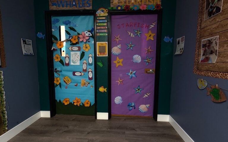 Bright, colorful hallway at Kids Inc. Preschool in Folsom