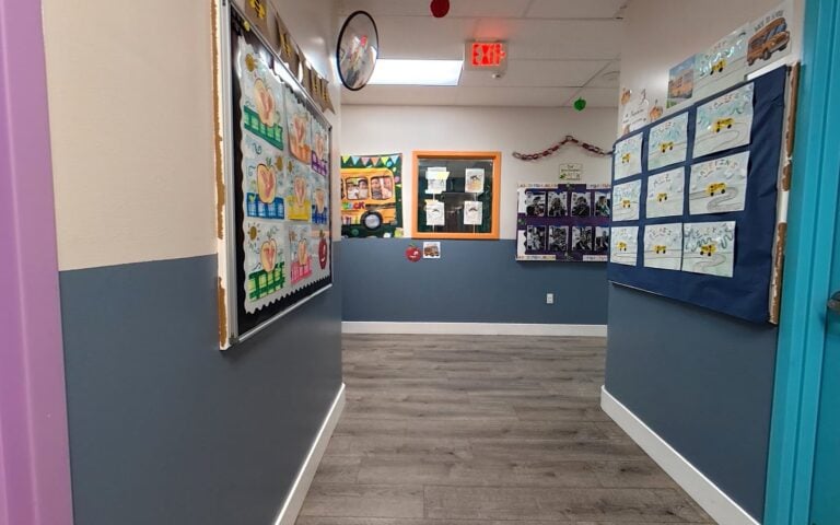 Bright, colorful hallway at Kids Inc. Preschool in Folsom