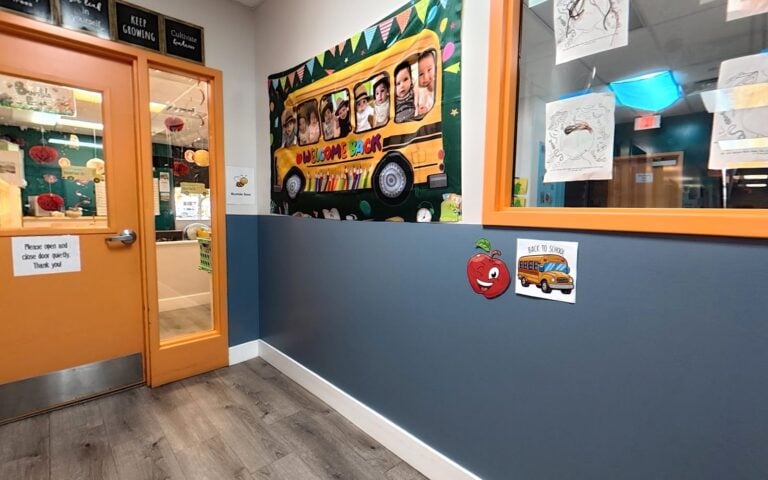 Bright, colorful hallway at Kids Inc. Preschool in Folsom