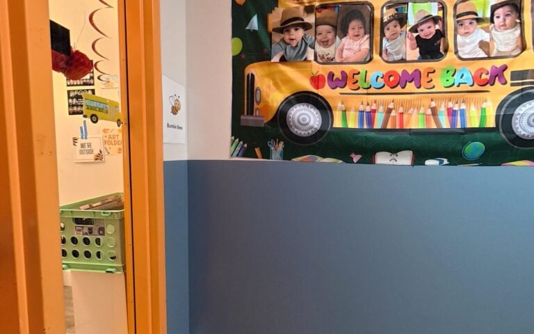 Bright, colorful hallway at Kids Inc. Preschool in Folsom
