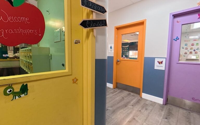 Bright, colorful hallway at Kids Inc. Preschool in Folsom