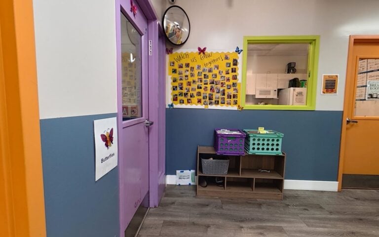 Bright, colorful hallway at Kids Inc. Preschool in Folsom