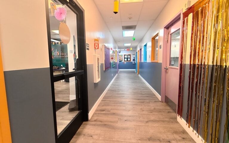 Bright, colorful hallway at Kids Inc. Preschool in Folsom