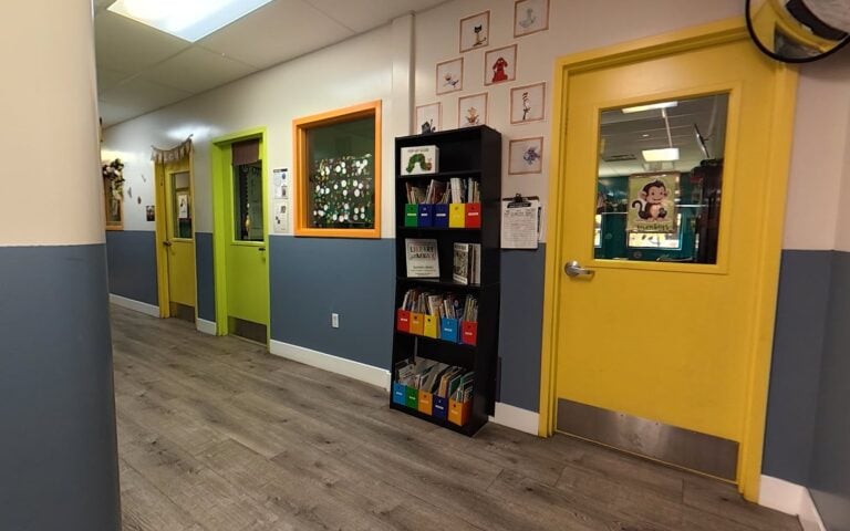 Bright, colorful hallway at Kids Inc. Preschool in Folsom