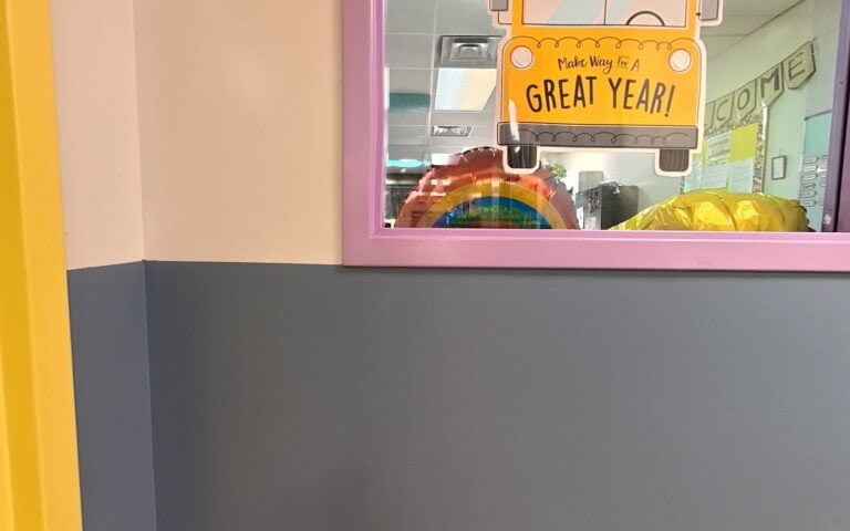 Bright, colorful hallway at Kids Inc. Preschool in Folsom