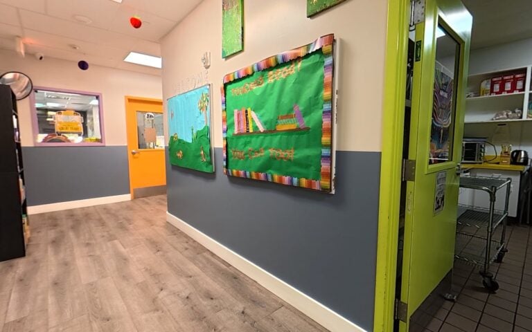 Bright, colorful hallway at Kids Inc. Preschool in Folsom