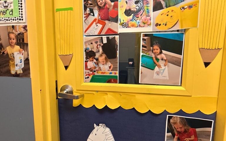 Bright, colorful hallway at Kids Inc. Preschool in Folsom