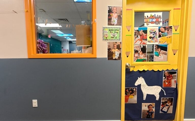 Bright, colorful hallway at Kids Inc. Preschool in Folsom