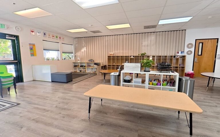 Spacious preschool classroom with learning centers in Folsom