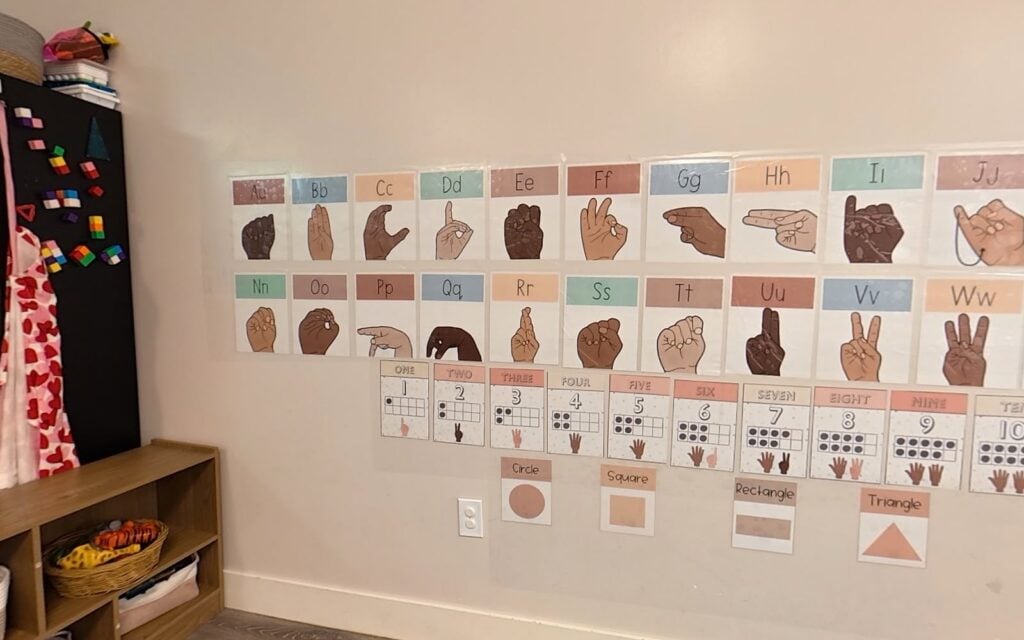 Sign language alphabet wall in a Kids Inc. classroom